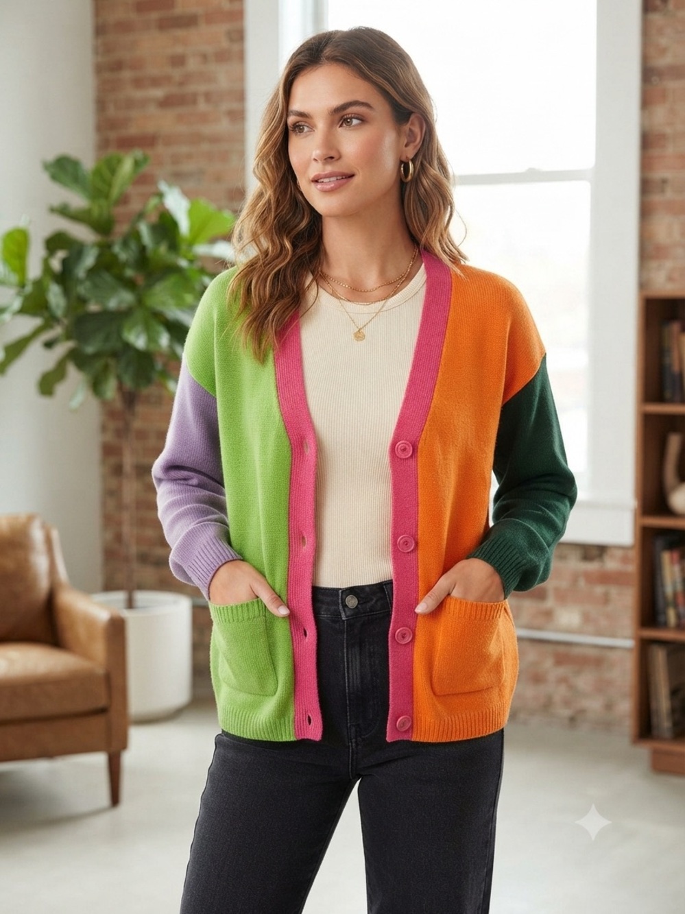 Colorblock Button-Front Cardigan Sweater - Multicolor